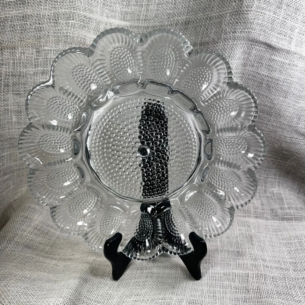 Vintage Clear Hobnail Glass Deviled Egg Platter Scalloped 15 Slot Server 11 Inch